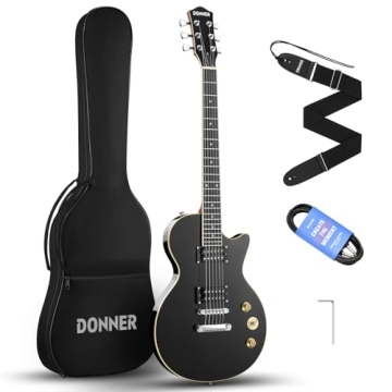 Donner Electric Guitar LP Solid Body, Full-Size 39 Inch Beginner Kit Black with Bag, Cable, Strap, D...