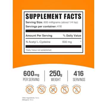 BulkSupplements.com NAC Powder - N-Acetyl Cysteine 600mg, NAC Supplement - Antioxidant Support, Gluten Free - 600mg per Serving, 416 Servings, 250g (8.8 oz) (Pack of 1)