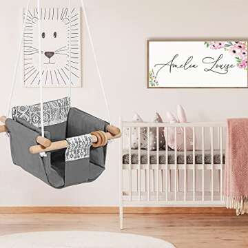 Mlian Secure Canvas Baby Hanging Swing Seat Chair Indoor and Outdoor Hammock Backyard Outside Swing Kids Toys Swings 6-36 Months with Lace Décor Cushion and Natural Wooden Ring, Gray