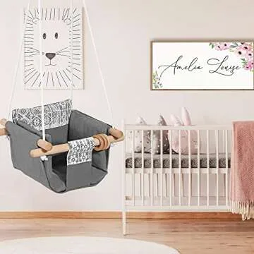 Mlian Secure Canvas Baby Hanging Swing Seat Chair Indoor and Outdoor Hammock Backyard Outside Swing Kids Toys Swings 6-36 Months with Lace Décor Cushion and Natural Wooden Ring, Gray