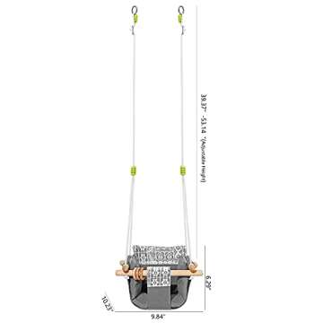 Mlian Secure Canvas Baby Hanging Swing Seat Chair Indoor and Outdoor Hammock Backyard Outside Swing Kids Toys Swings 6-36 Months with Lace Décor Cushion and Natural Wooden Ring, Gray
