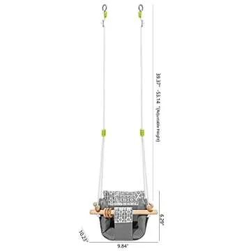 Mlian Secure Canvas Baby Hanging Swing Seat Chair Indoor and Outdoor Hammock Backyard Outside Swing Kids Toys Swings 6-36 Months with Lace Décor Cushion and Natural Wooden Ring, Gray