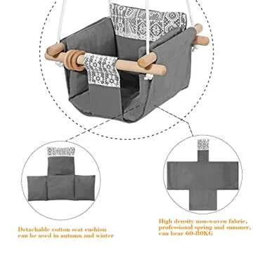 Mlian Secure Canvas Baby Hanging Swing Seat Chair Indoor and Outdoor Hammock Backyard Outside Swing Kids Toys Swings 6-36 Months with Lace Décor Cushion and Natural Wooden Ring, Gray