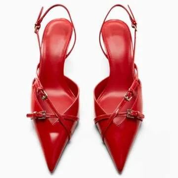 Riekhany Heeled Slingback Kitten Heels for Women Closed Pointed Toe Pumps with Buckles Red