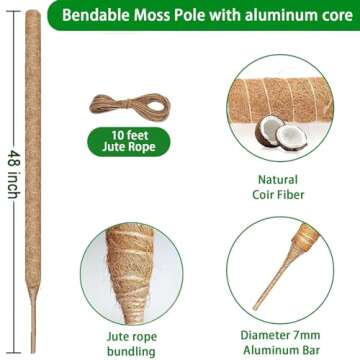 Moss Pole, 48 Inch Bendable Monstera Plant Support, Moss Poles for Climbing Plants Accessories Indoor, Coir Plant Pole Sticks Support Stakes for Potted Plants, Pothos, Philodendron, PlantPolex
