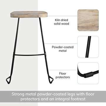 MH London White Bar Stool - Exclusively Designed Hand Crafted Barstools Solid Wood Counter Height Bar Stools - Contemporary Design for Backless Wooden Bar Chair for Kitchen Counter
