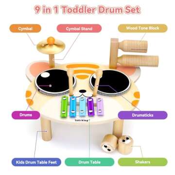 SehrKlug Drum Set for Toddlers 1-3, Baby Musical Instruments Wooden Toys Xylophone for Toddlers, 9 i...