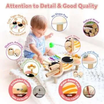 SehrKlug Drum Set for Toddlers 1-3, Baby Musical Instruments Wooden Toys Xylophone for Toddlers, 9 in 1 Kids Drum Set Montessori Learning Toys for Ages 2-4
