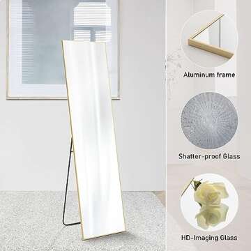 Sweetcrispy Full Length Mirror 59"x16" Full Body Floor Mirror Standing Hanging or Leaning Wall, Wall-Mounted Mirror with Stand Aluminum Alloy Thin Frame for Bedroom Cloakroom Living Room,Gold