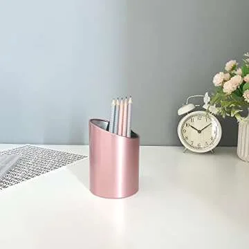 Produco Metal Mesh Diagonal Pen Pencil Brush Cup Holder Stand for Office Desk, Rose Gold, Pink