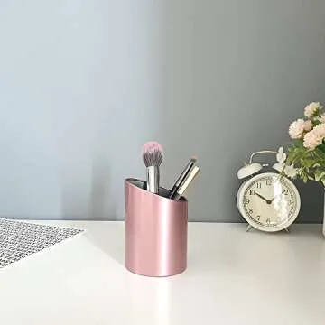 Produco Metal Mesh Diagonal Pen Pencil Brush Cup Holder Stand for Office Desk, Rose Gold, Pink