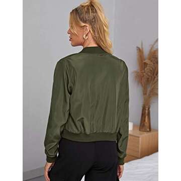 Romwe Women's Classic Solid Biker Jacket Zip up Crop Bomber Jacket Coat Army Green X-Small