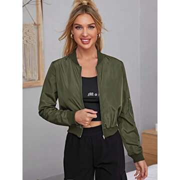 Romwe Women's Classic Solid Biker Jacket Zip up Crop Bomber Jacket Coat Army Green X-Small