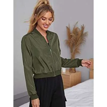 Romwe Women's Classic Solid Biker Jacket Zip up Crop Bomber Jacket Coat Army Green X-Small