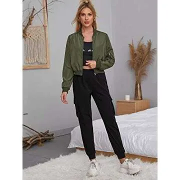 Romwe Women's Classic Solid Biker Jacket Zip up Crop Bomber Jacket Coat Army Green X-Small