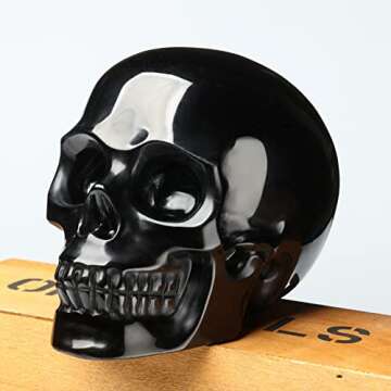 Bmuafry 5''Natural Black Obsidian Crystal Skull Hand Carved Reiki Healing Stone Statue Healing Skull Head Home Office Art Room Decoration