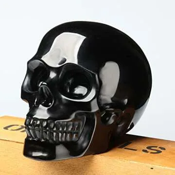 Bmuafry 5''Natural Black Obsidian Crystal Skull Hand Carved Reiki Healing Stone Statue Healing Skull Head Home Office Art Room Decoration