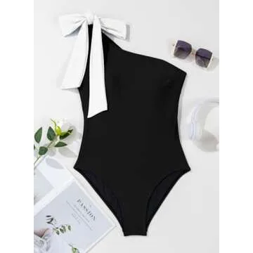 Herseas Women's Black One Piece One Bow Shoulder Cutout Padded Swimsuit High Waisted Teen Elegant Bathing Suit Small