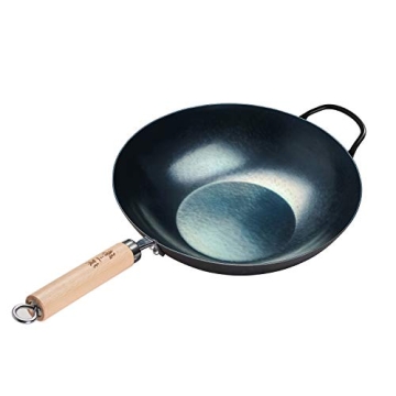 臻三环 ZhenSanHuan Hand-Hammered Iron Wok - Induction Suitable, 34CM With Wood Handle