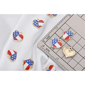 Pack of 80 US Flag Heart Enamel Charms Gold Plated Colored Pendants Hawaii Style Accessories for Necklace Bracelet Jewelry Making DIY Crafting
