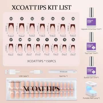 BTArtboxnails XCOATTIPS French Gel Nails - Skin Tones French Tip Press on Nails, Long Square Nail Tips with Nail Gel, French Protecting Duo, Nail Lamp, All in One Fake Nail Valentines Day Gifts