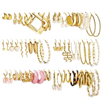 30 Pairs Gold Hoop Earrings Set for Women, Fashion Hoop Stud Drop Dangle Earrings Boho Statement Pap...