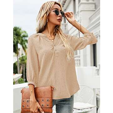 LOMON Pleated Beige Blouses for Women 3/4 Sleeve V Neck Button Up Shirts Office Business Casual Work...