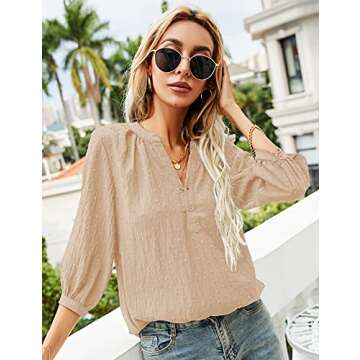 LOMON Pleated Beige Blouses for Women 3/4 Sleeve V Neck Button Up Shirts Office Business Casual Work-Wear Tops, M