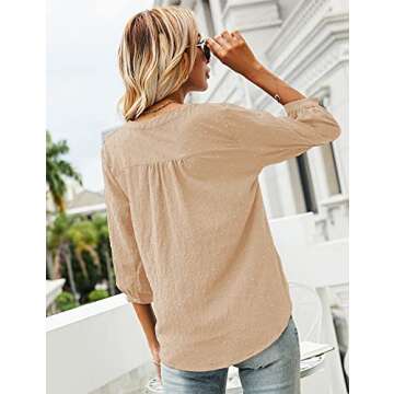 LOMON Pleated Beige Blouses for Women 3/4 Sleeve V Neck Button Up Shirts Office Business Casual Work-Wear Tops, M