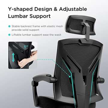 Hbada Ergonomic Office Chair High Back Desk Chair Recliner Chair with Lumbar Support Height Adjustable Seat, Headrest- Breathable Mesh Back Soft Foam Seat Cushion with Footrest, Black