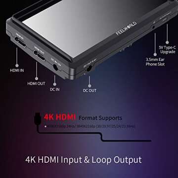 FEELWORLD FW568 V3 Upgrade 6 Inch Camera Field Monitor with 4k HDMI Ultra Bright Screen 3D Lut Small Full HD 1920x1080 IPS Video Peaking Focus for DSLR Cameras Include Sunshade and Tilt Arm Mount