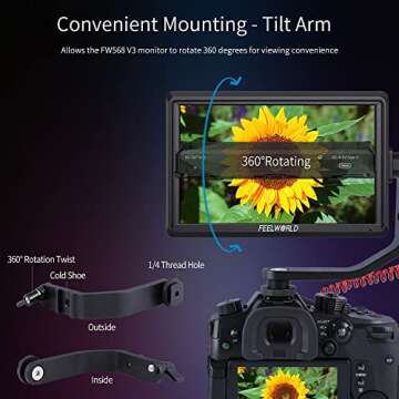 FEELWORLD FW568 V3 Upgrade 6 Inch Camera Field Monitor with 4k HDMI Ultra Bright Screen 3D Lut Small Full HD 1920x1080 IPS Video Peaking Focus for DSLR Cameras Include Sunshade and Tilt Arm Mount