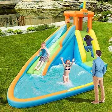HONEY JOY Inflatable Water Slide, Giant Water Park Castle Bouncy House for Backyard, Climbing Wall, Splash Pool, Outdoor Blow up Water Slides Inflatables for Kids and Adults(Without Blower)