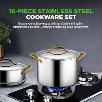 NutriChef 16-Piece Stainless Steel Kitchenware - Pots & Pans Set Clad Kitchen Cookware with Nylon Ut...