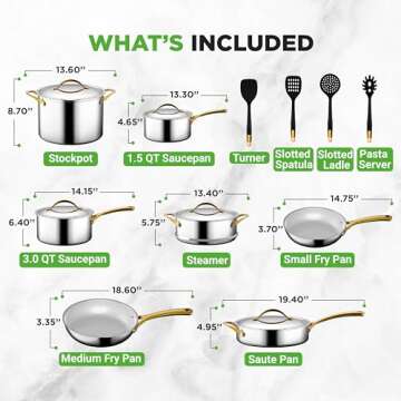 NutriChef 16-Piece Stainless Steel Kitchenware - Pots & Pans Set Clad Kitchen Cookware with Nylon Utensils, Fry Pan Interior Coated with Prestige Ceramic Non-Stick Coating, Stylish Kitchen Cookware