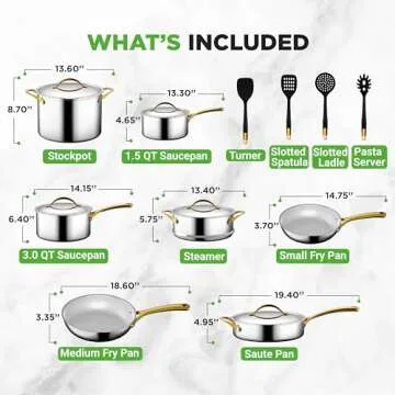 NutriChef 16-Piece Stainless Steel Kitchenware - Pots & Pans Set Clad Kitchen Cookware with Nylon Utensils, Fry Pan Interior Coated with Prestige Ceramic Non-Stick Coating, Stylish Kitchen Cookware