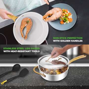 NutriChef 16-Piece Stainless Steel Kitchenware - Pots & Pans Set Clad Kitchen Cookware with Nylon Utensils, Fry Pan Interior Coated with Prestige Ceramic Non-Stick Coating, Stylish Kitchen Cookware
