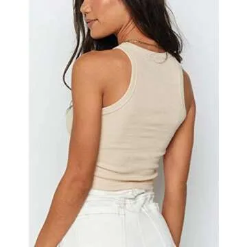 SAFRISIOR Women Basic Solid Sleeveless Round Neck Fitted Vest Cotton Crop Tank Tops Apricot