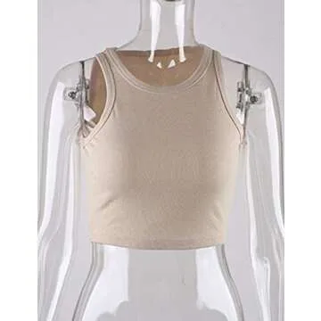 SAFRISIOR Women Basic Solid Sleeveless Round Neck Fitted Vest Cotton Crop Tank Tops Apricot