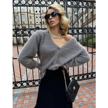 COZYPOIN Womens Fuzzy Mohair Cardigan Open Front Button Down V-Neck Long Sleeve Sweater Slouchy Drop...