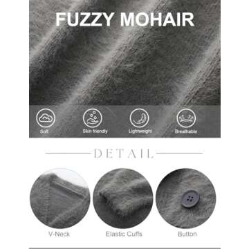 COZYPOIN Womens Fuzzy Mohair Cardigan Open Front Button Down V-Neck Long Sleeve Sweater Slouchy Drop Shoulder Knit Coat(Grey-S)