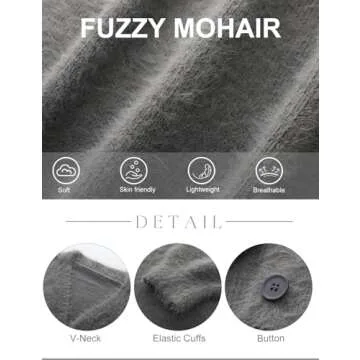 COZYPOIN Womens Fuzzy Mohair Cardigan Open Front Button Down V-Neck Long Sleeve Sweater Slouchy Drop Shoulder Knit Coat(Grey-S)