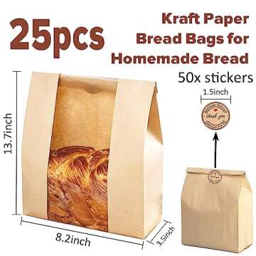 25Pcs Kraft Paper Bread Bags, Brown Bakery Bags for Homemade Bread & Food Packing Storage with Clear Window, Sourdough Loaf Bread Bags with Label Seal Stickers