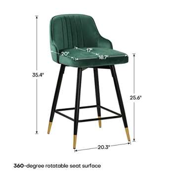 RêveLife Swivel Bar Stool with Low Back Set of 4, 25.6 Inch Counter Height Stool Velvet Upholstered Armless Heavy Duty Bar Chair with Metal Frame for Kitchen Island Dining Room Patio, Green