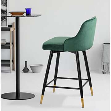 RêveLife Swivel Bar Stool with Low Back Set of 4, 25.6 Inch Counter Height Stool Velvet Upholstered Armless Heavy Duty Bar Chair with Metal Frame for Kitchen Island Dining Room Patio, Green