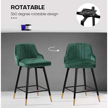 RêveLife Swivel Bar Stool with Low Back Set of 4, 25.6 Inch Counter Height Stool Velvet Upholstered Armless Heavy Duty Bar Chair with Metal Frame for Kitchen Island Dining Room Patio, Green