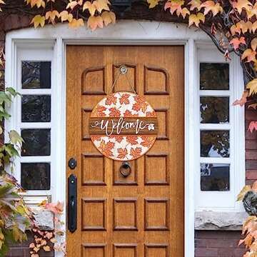 Deroro Welcome Fall Maple Leaves Sign for Front Door Decor, Autumn Leaf Rustic Wood Door Hanger for Outdoor Outside Porch, Farmhouse Thanksgiving Wooden Wreath Indoor Wall Hanging Decoration