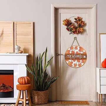 Deroro Welcome Fall Maple Leaves Sign for Front Door Decor, Autumn Leaf Rustic Wood Door Hanger for Outdoor Outside Porch, Farmhouse Thanksgiving Wooden Wreath Indoor Wall Hanging Decoration