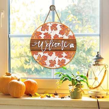 Deroro Welcome Fall Maple Leaves Sign for Front Door Decor, Autumn Leaf Rustic Wood Door Hanger for Outdoor Outside Porch, Farmhouse Thanksgiving Wooden Wreath Indoor Wall Hanging Decoration