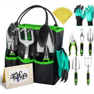 Heavy Duty Garden Tools Set - 10 Durable Rust Proof Ergonomic Supplies